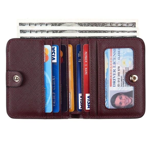 Wine Red Leather Compact Wallet - Picture 2 of 5